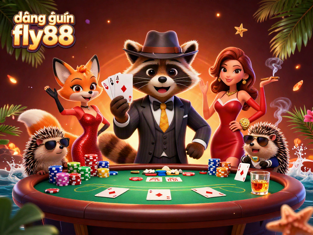 Engage in lively gaming fun with đăng nhập fly88, showcasing vibrant characters and poker elements.