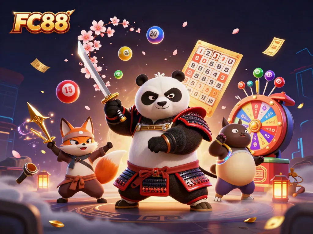 Experience excitement with FC88 - vibrant gaming scene packed with lottery elements and dynamic characters!