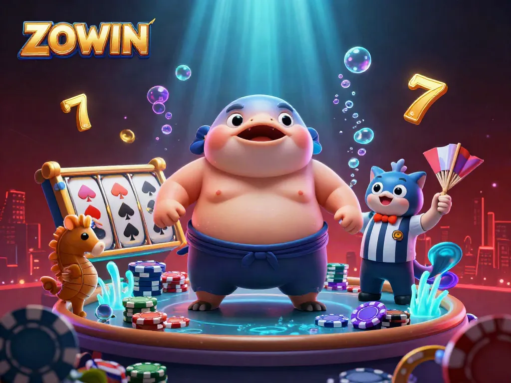 ZOWIN features exciting gambling action with a dynamic underwater casino scene including a blowfish sumo and poker elements.