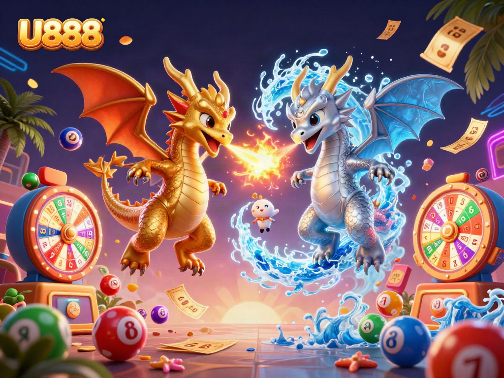 Engage with exciting U888 gaming dynamics, featuring dynamic dragons and colorful lottery elements.