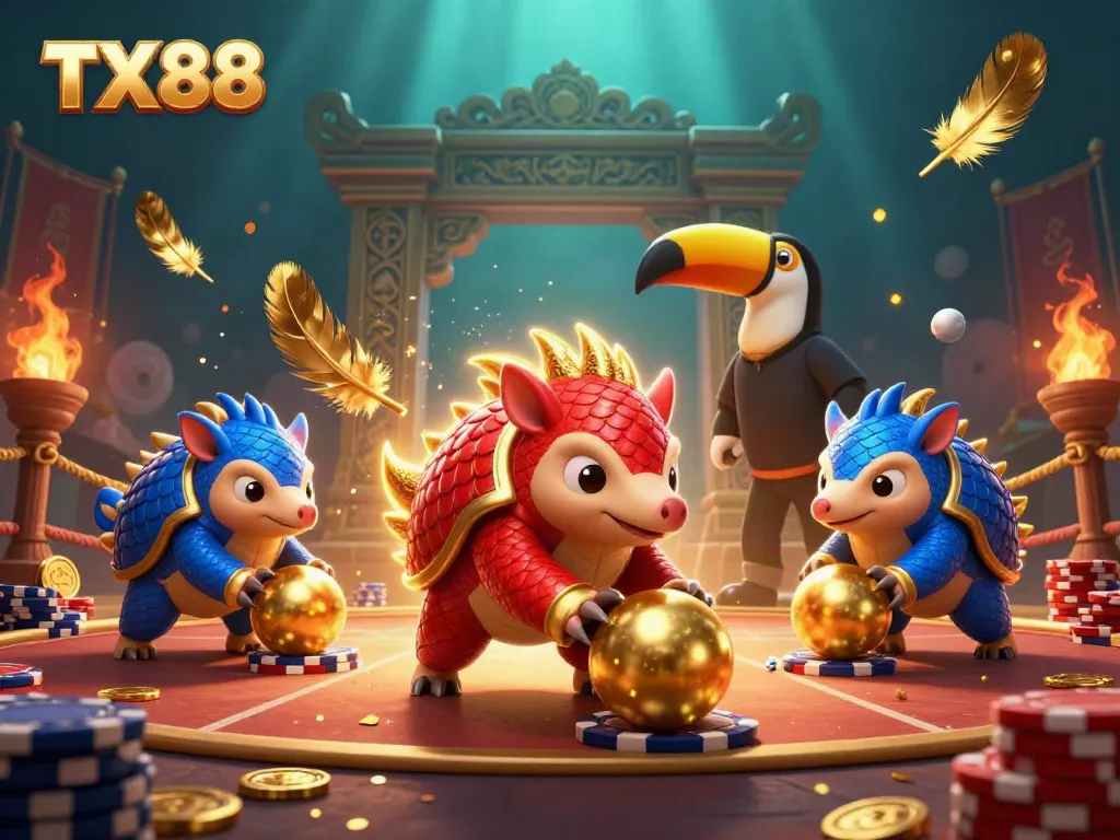 Experience the thrill of TX88 with dynamic pangolins competing among golden poker chips.