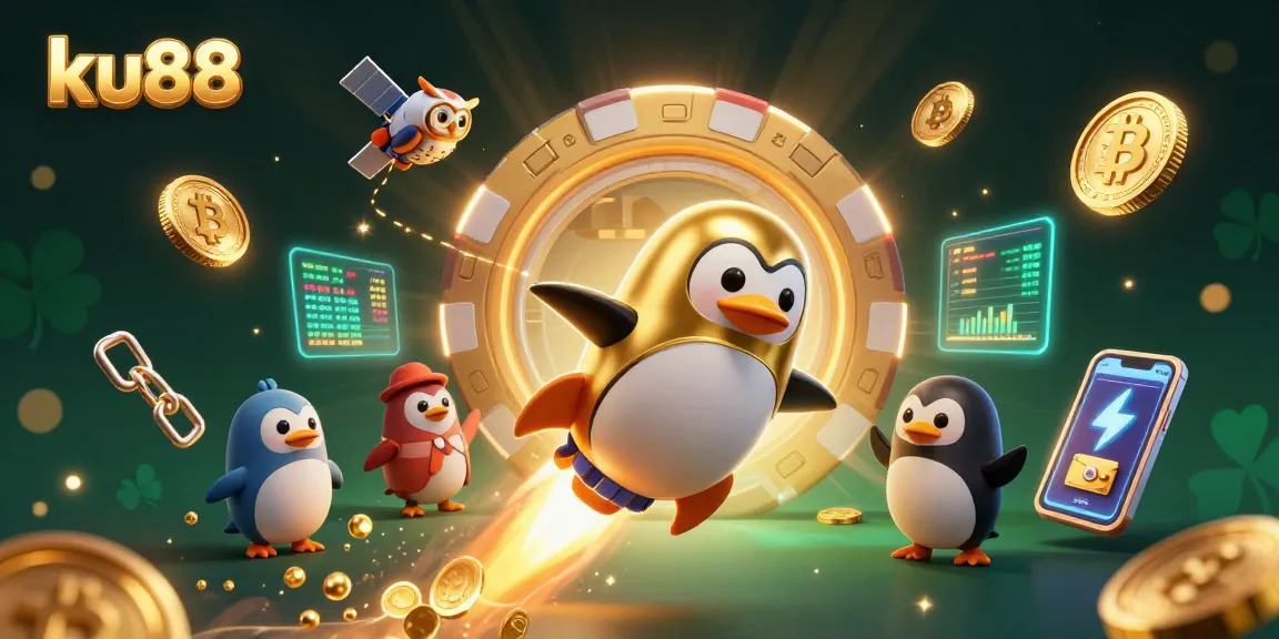 Betting with ku88: Explore a cosmic adventure with a golden penguin and neon crypto coins.