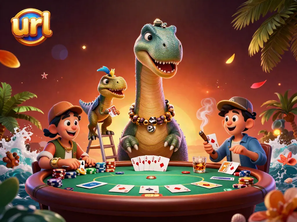 Engage with url in this vibrant 3D poker scene featuring an interactive dinosaur dealer amidst lively gameplay.