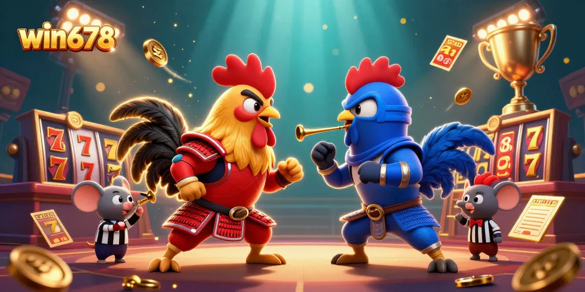 Engage with win678 in this dynamic casino scene featuring action-packed roosters and slot elements.