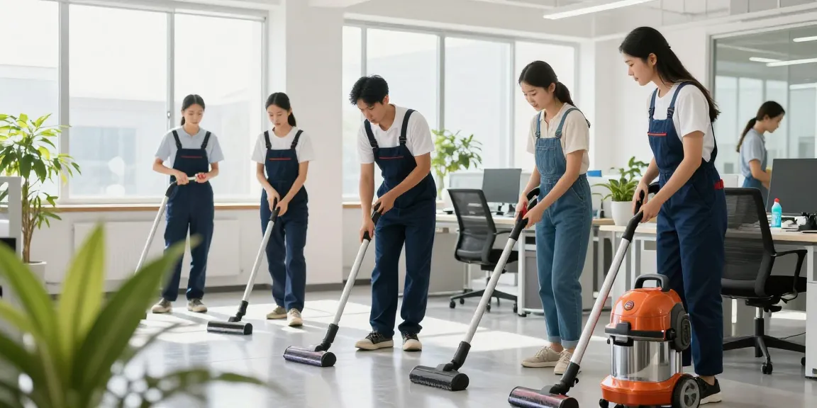 Professionelle Gebäudereinigung Düsseldorf mit Reinigungsteam in hellem Büro, modernen Utensilien und freundlicher Atmosphäre.