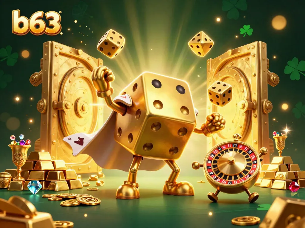 Engage in thrilling gameplay with b63 and golden gems in a vibrant casino-themed illustration.