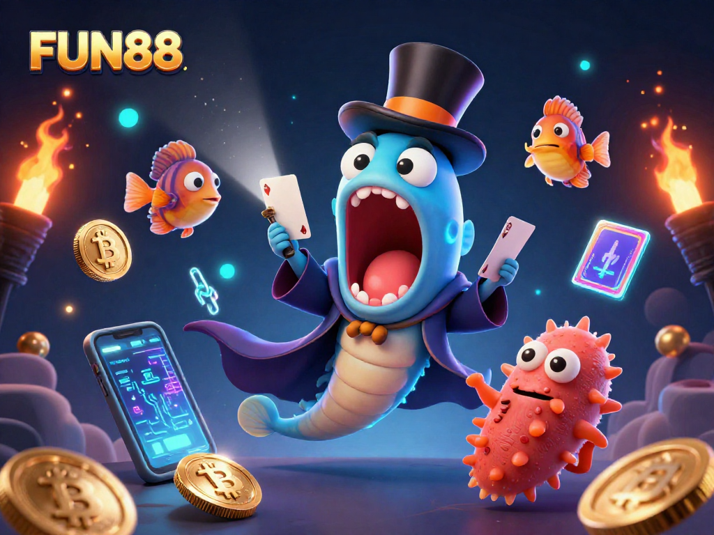 Engage with FUN88's vibrant underwater casino theme featuring whimsical characters and neon crypto elements.