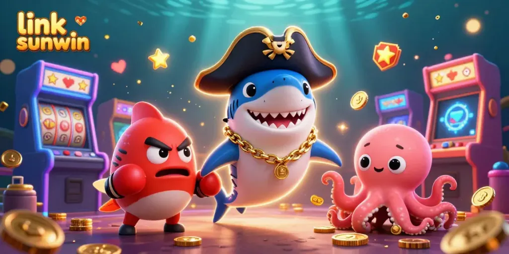 Join the fun with link sunwin as the shark pirate, pufferfish boxer, and octopus carry coins in a vibrant casino scene.