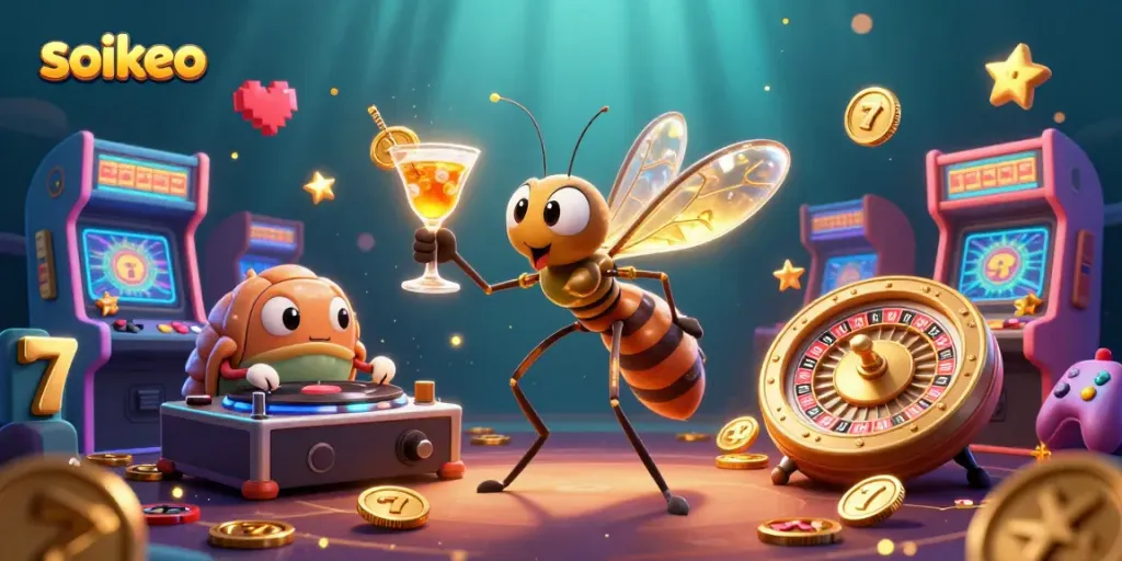 Elevate your bets with soikeo's dynamic casino character scene featuring a golden cocktail and vibrant gaming elements.