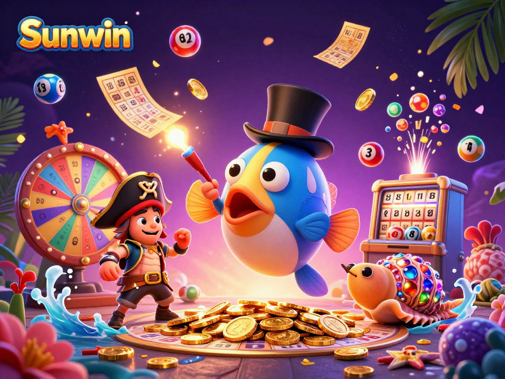 Spin and win with Sunwin's vibrant lottery-themed illustration featuring lively characters and dynamic elements.