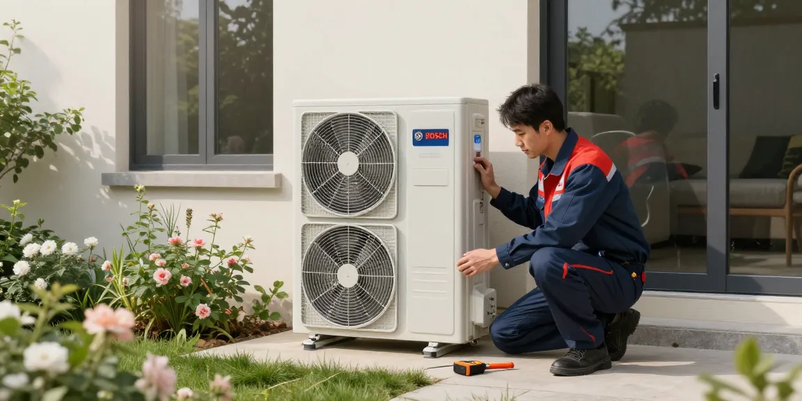 Installation of a wärmepumpe bosch in a modern home with a technician adjusting the unit