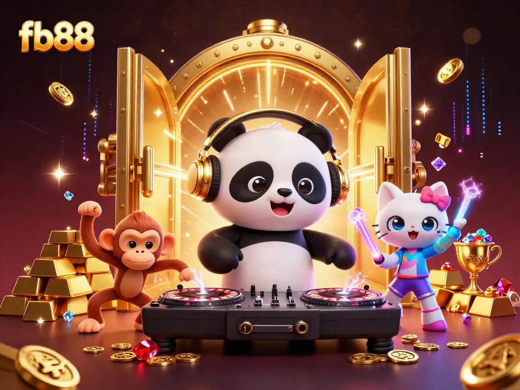 Experience thrilling gaming at fb88 with a lively DJ panda, dancing monkey, and colorful gems.