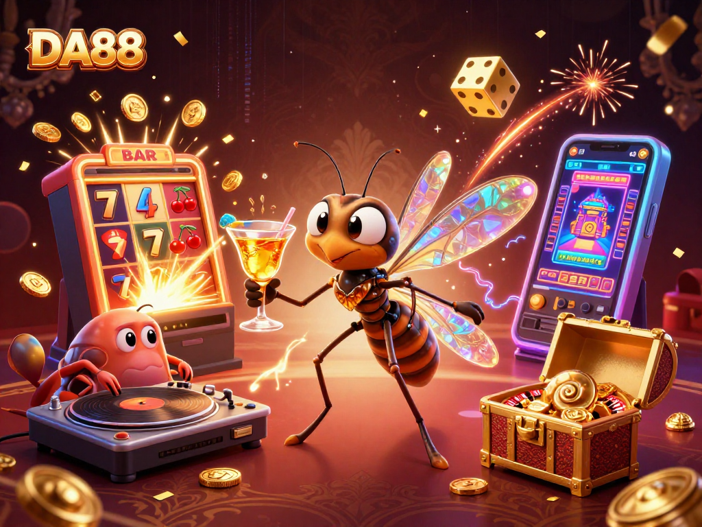 Experience DA88's thrilling casino world with a dynamic 3D illustration showcasing games and excitement.