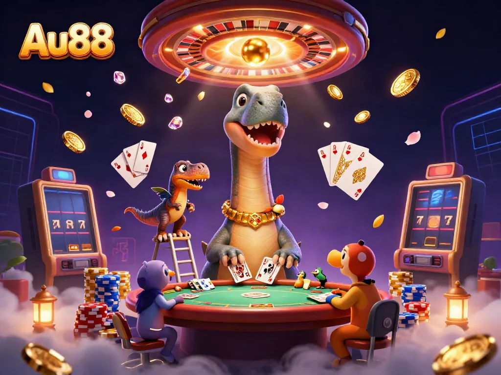 Experience the thrill of Au88 with a vibrant casino illustration featuring a fun dinosaur and gambling games.