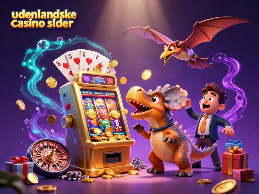 Engage in thrilling action with udenlandske casino sider as a cartoon dinosaur celebrates slot wins amidst flying coins.