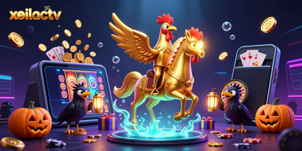 Experience thrilling gaming moments with xoilactv as the golden rooster leads in a vibrant casino setting.