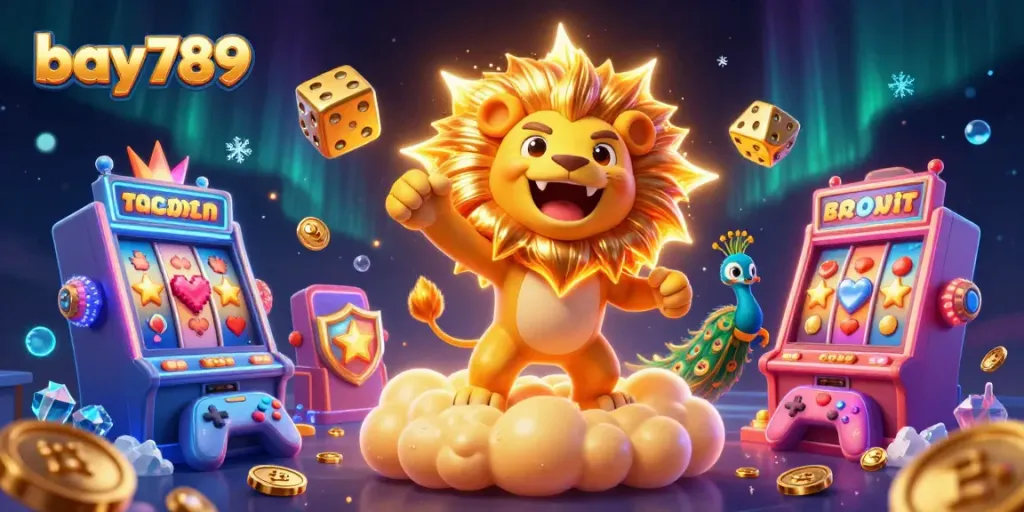 Engage with bay789's thrilling casino scene showcasing a roaring golden lion amidst slot machines and vibrant games.