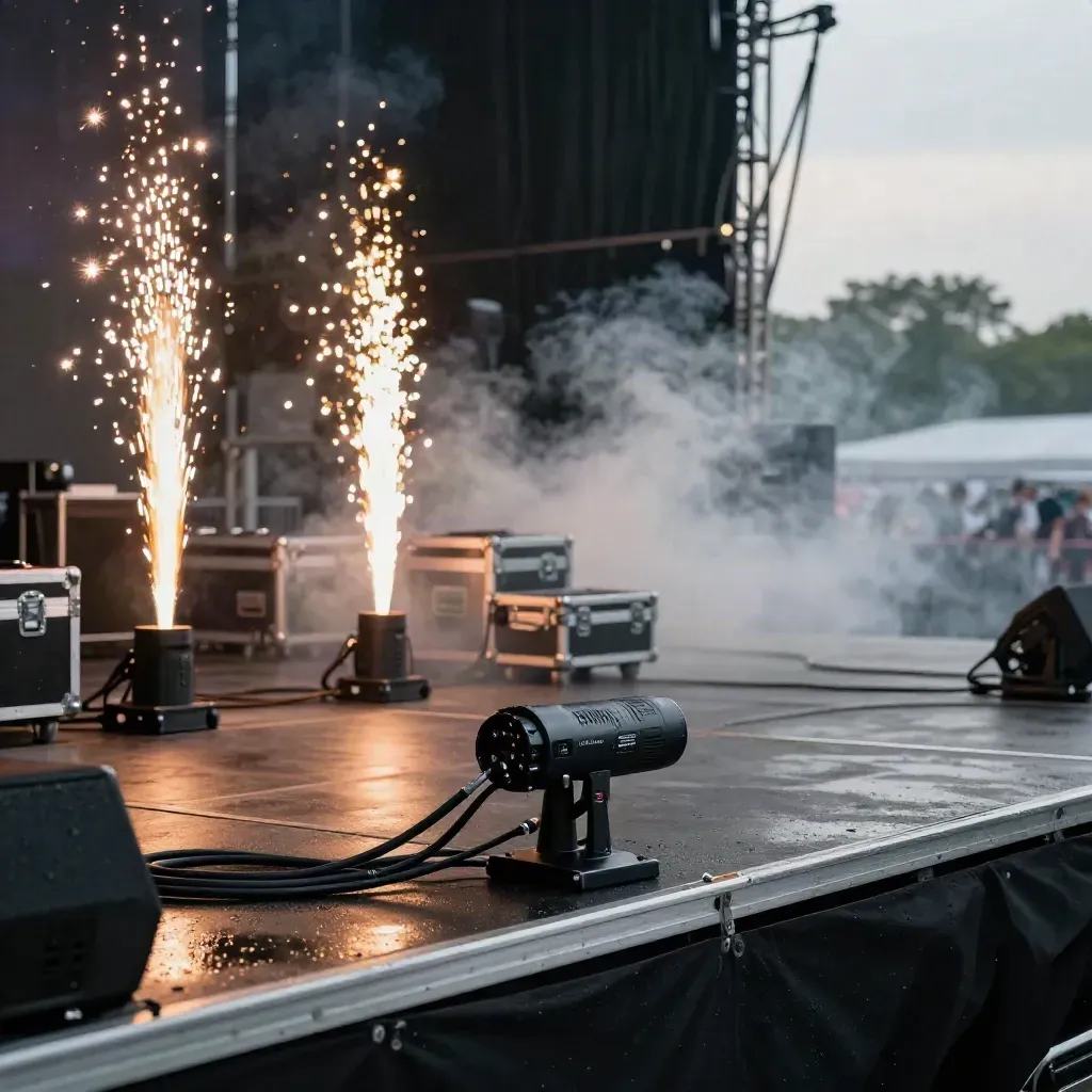 Schwarze Bühne mit Funkenfontänen, Flightcases, Kabeln, Konfettitechnik und Rauch im Abendlicht.