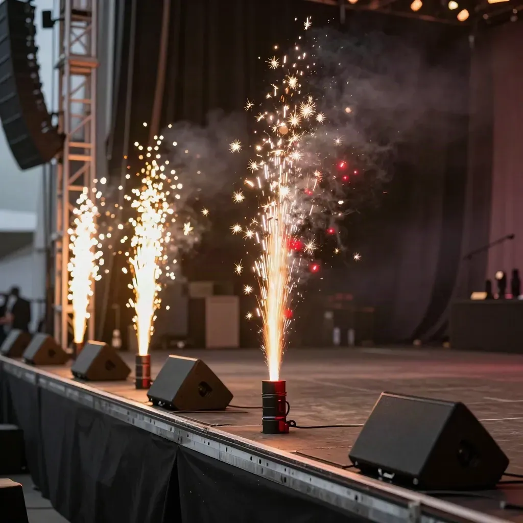 Pyrostoß an einer Konzertbühne mit Truss, Monitor-Wedges und dunklem Vorhang