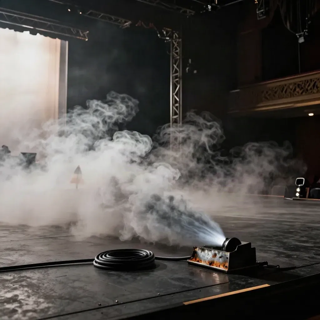 Leere Bühne mit dichtem Bodennebel und silberner Rauchwolke nach einem Knalleffekt