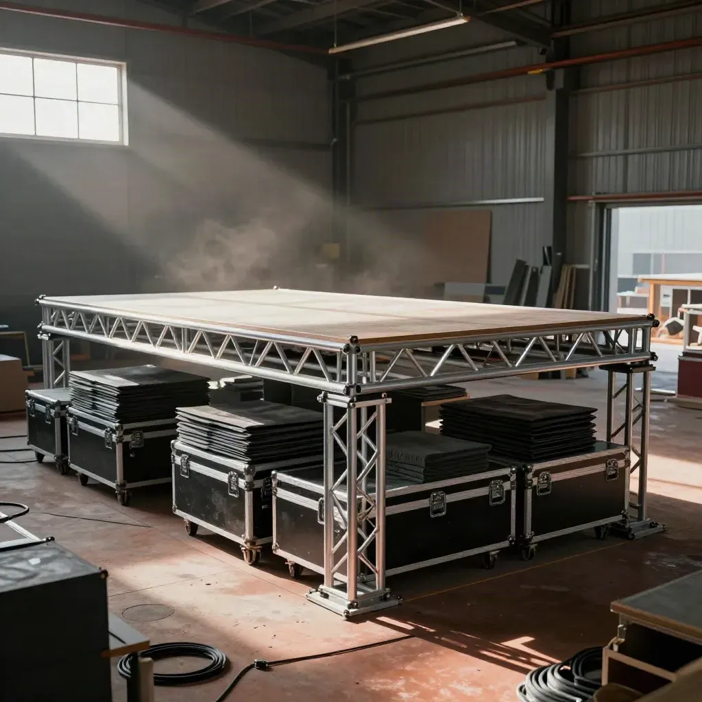 Halbfertige Bühne mit Truss, Cases und Effektmodulen in einer staubigen Halle.