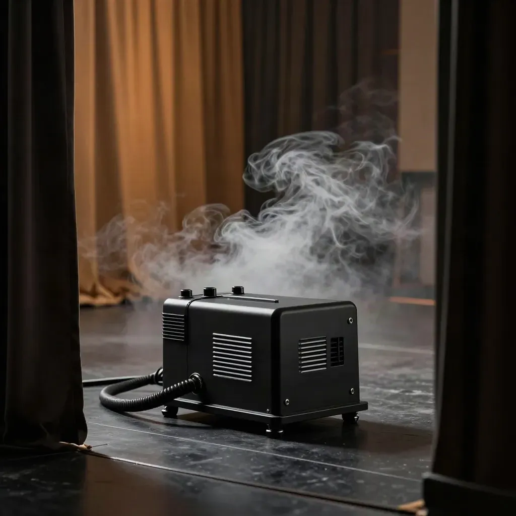 Leere Filmkulisse mit dichtem Haze, schwarzem Boden und ruhigem Lichtkorridor.