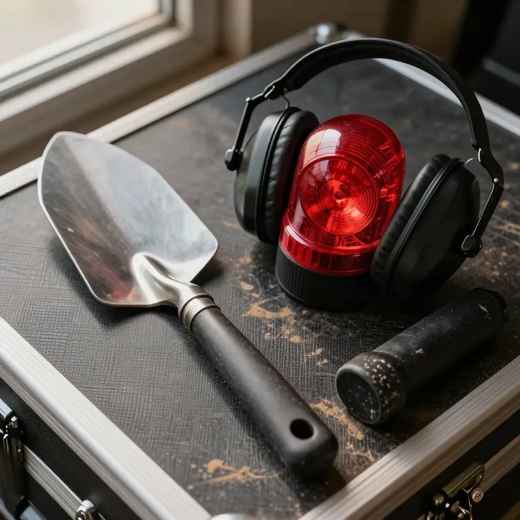 Sicherheitskelle, Warnlicht, Ohrschutz und Gummimarke auf dunklem Roadcase-Lid.