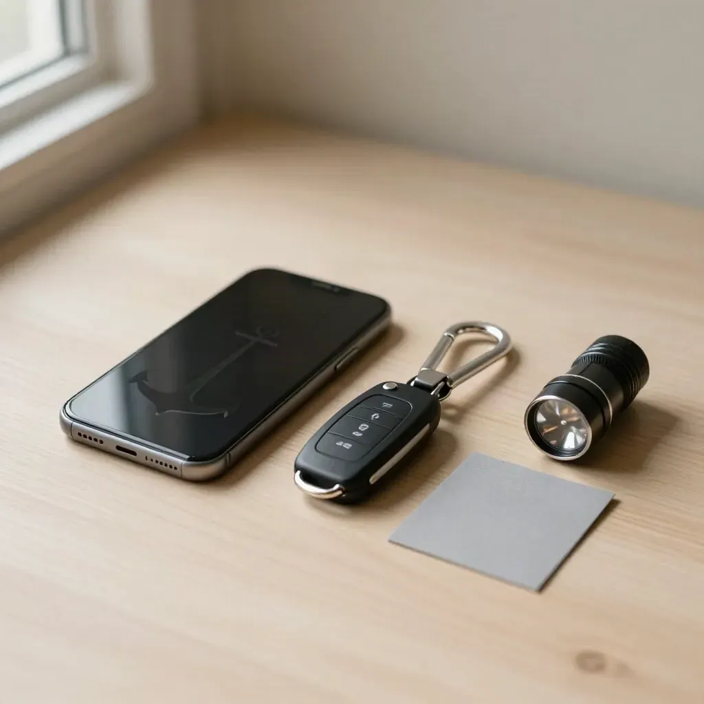 Smartphone, Schlüsselanhänger, Karabiner und Taschenlampe auf hellem Holz, stiller Prozessschritt.
