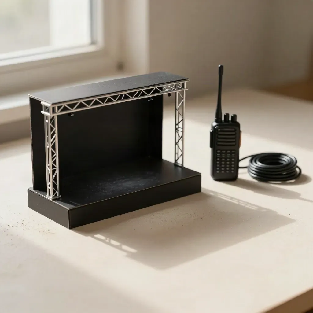Mini-Bühnenmodell mit Truss, Funkgerät und Kabel auf hellem Putz.