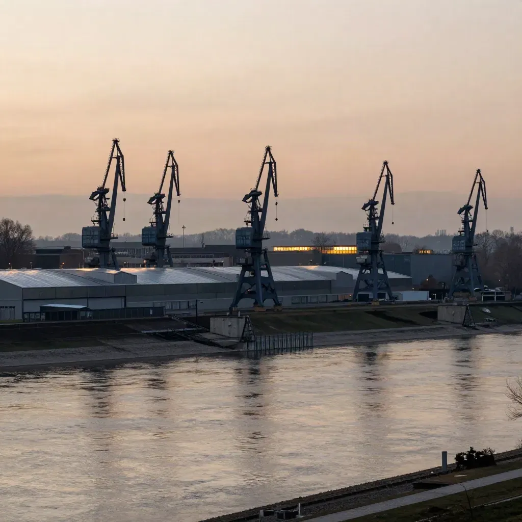 Rhein-Ruhr-Silhouette mit Kränen am Flussufer im warmen Abenddunst.