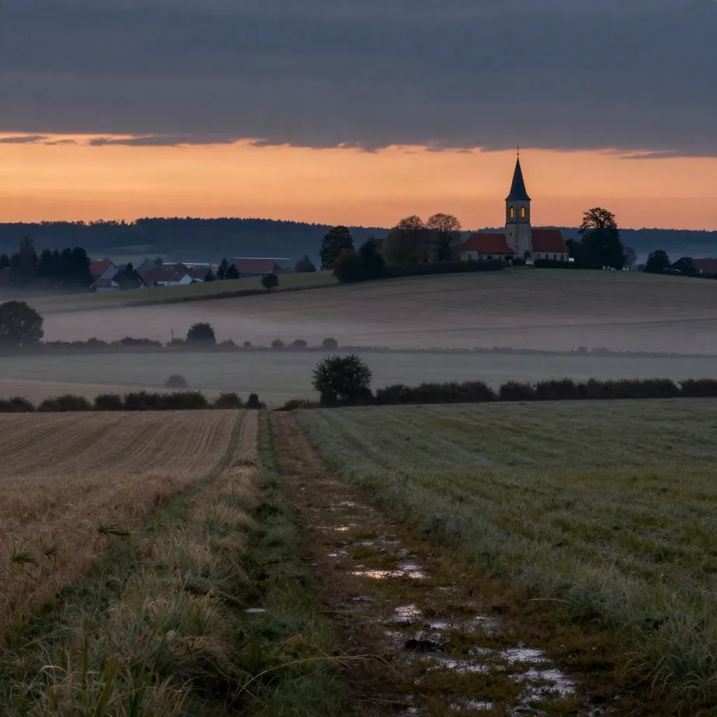Münsterländer Feldlandschaft mit Kirchturm im Abenddunst und weitem Himmel