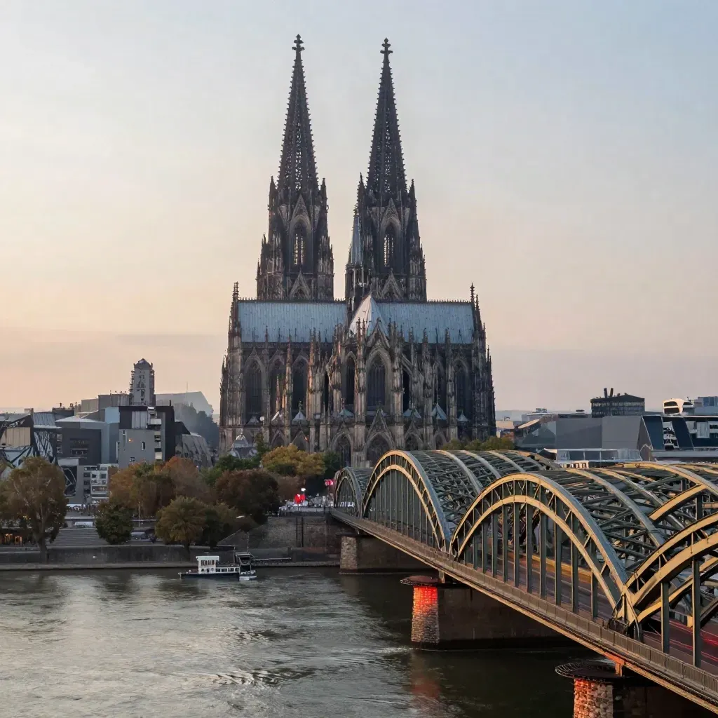 Kölner Dom und Rheinbrücken im warmen Abenddunst über ruhigem Fluss