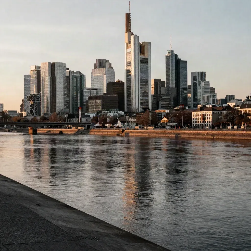 Frankfurter Skyline am Main im goldenen Abendlicht, ruhiger Fluss und Dunst