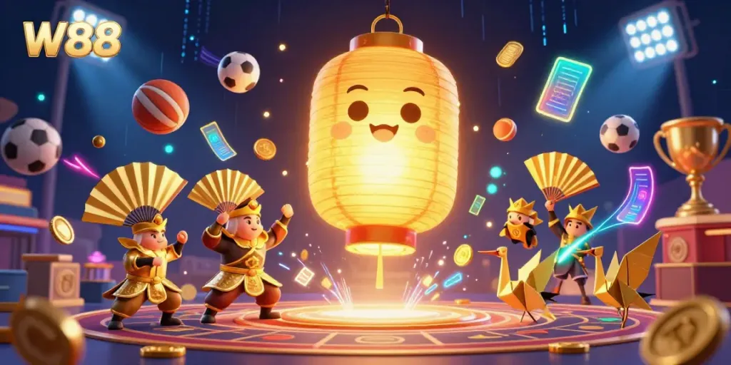 Engage with W88's vibrant casino atmosphere featuring a giant golden lantern spirit, sports elements, and dynamic energy.