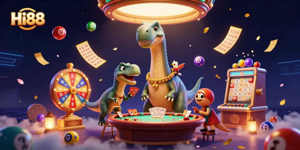 Engage players with Hi88, capturing a vibrant 3D casino scene full of fun and dynamic gaming elements.