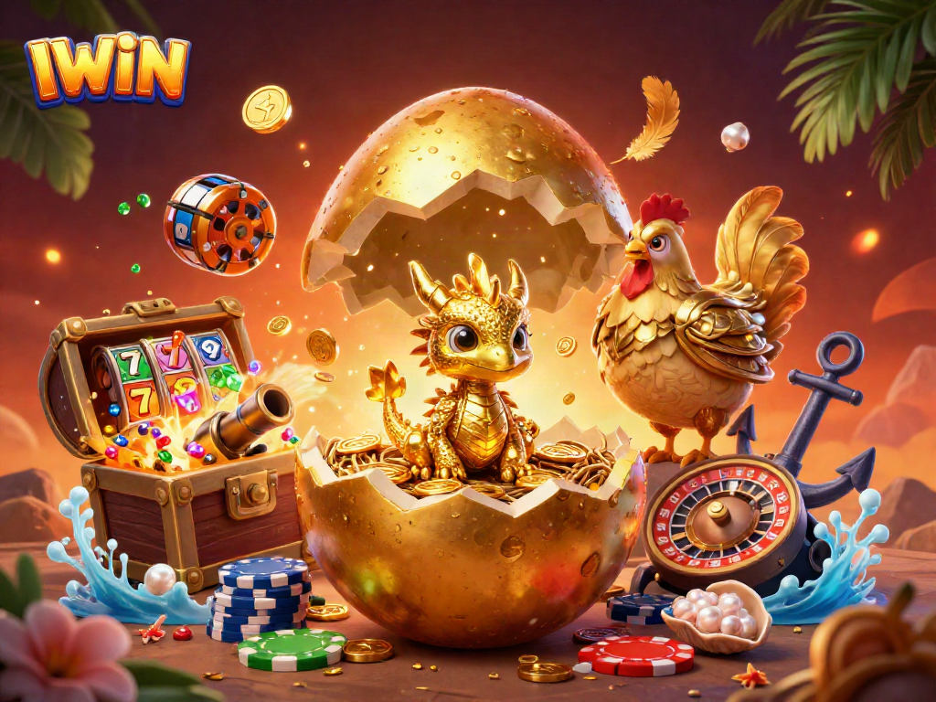 IWIN casino illustration featuring a dragon and golden egg in a vibrant scene with poker elements.