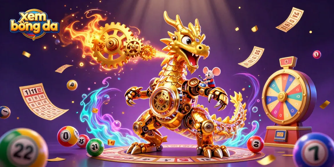 Engage in xem bóng đá with a vibrant scene of a golden dragon and colorful gambling elements.