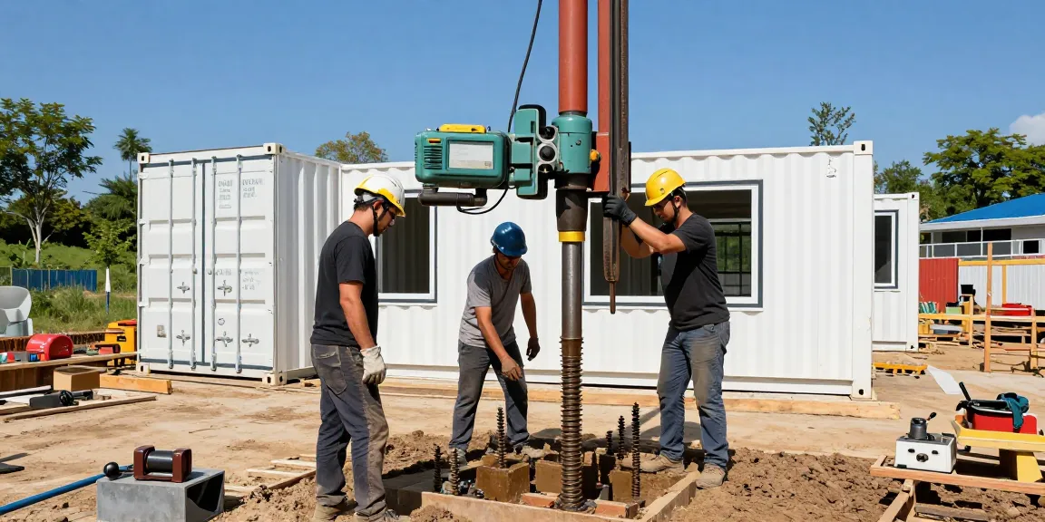 Installation eines Schraubfundaments für ein Containerhaus, modernes Bauumfeld mit Facharbeitern und Maschinen.