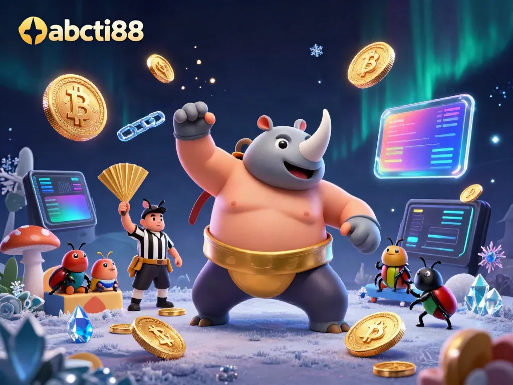 Experience thrilling games at abcti88 with engaging characters like a rhinoceros beetle sumo champion amidst flying gold coins.
