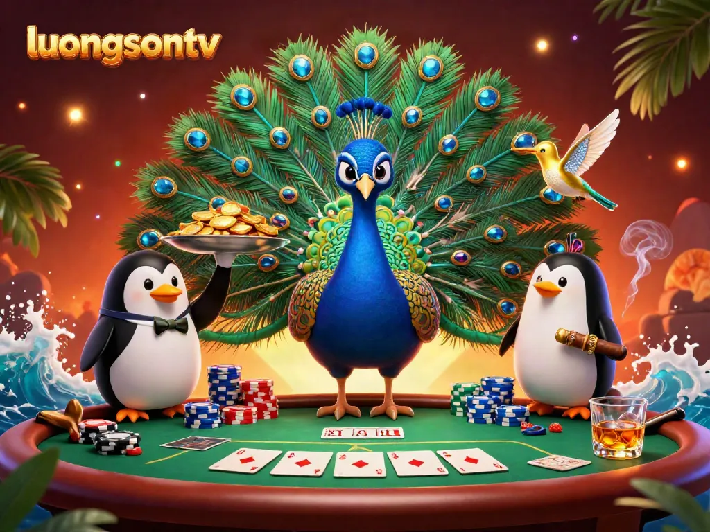 Engage with the vibrant atmosphere of luongsontv, featuring a peacock, penguin, and hummingbird in a dynamic poker scene.
