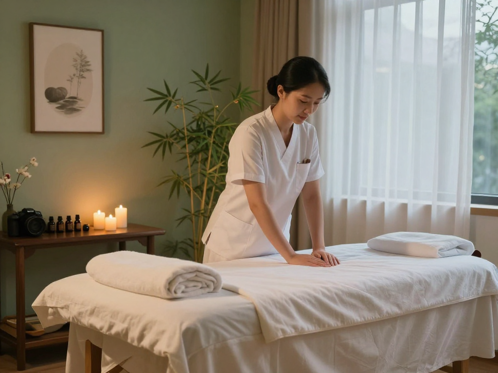 An inviting massage therapy room ready for 안양출장마사지, featuring soft lighting and serene decor for relaxation.