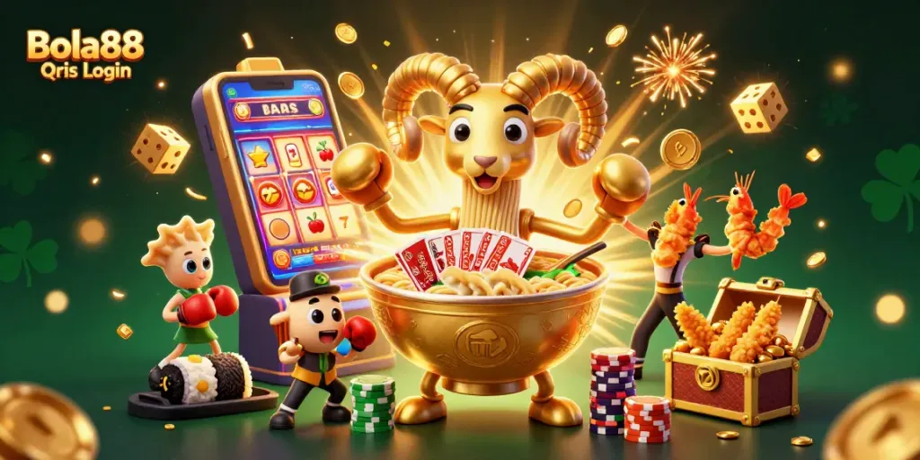 Experience exciting games and rewards with Bola88 Qris Login, featuring a vibrant casino scene.