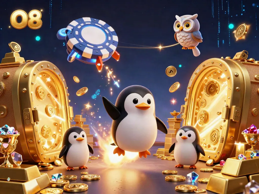 Spin and win at O8, featuring a golden penguin soaring toward a casino space station surrounded by treasure.