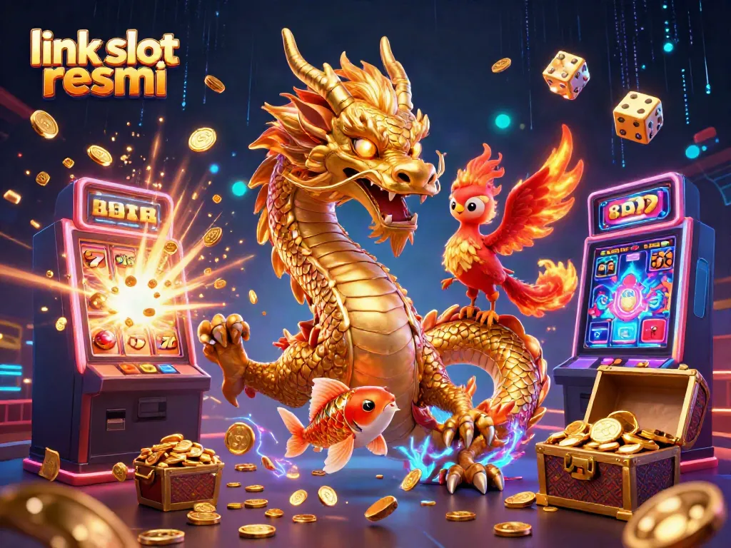Gambar dinamis link slot resmi dengan naga emas dan simbol slot bersinar penuh keberuntungan.