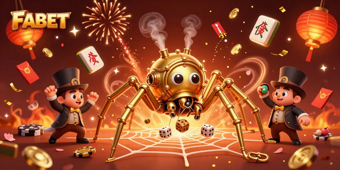Engage in thrilling gameplay with FABET, featuring a whimsical steampunk spider and vibrant gaming elements.