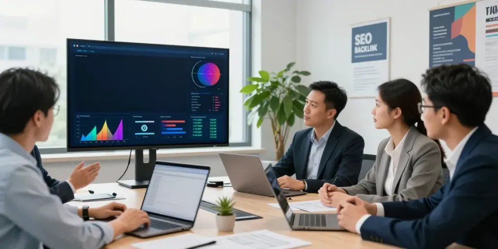 Professionelles Büro, wo das Team über Strategien zum Kauf von Backlinks diskutiert, mit Datenvisualisierungen und Laptops.