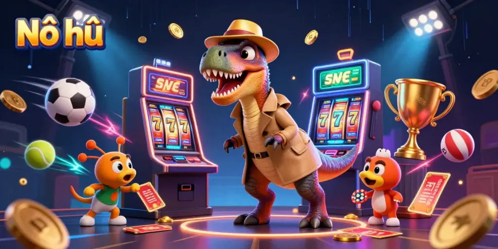 Nổ hũ slot machine scene with dynamic cartoon dinosaurs engaged in playful gambling.