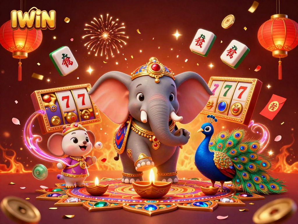 IWIN casino illustration featuring colorful festive elements, jackpot slots, and vibrant characters.