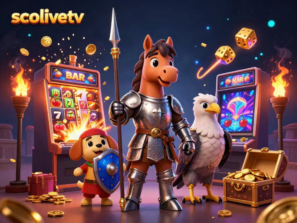 Socolivetv captivates with a 3D knight, puppy, and falcon amid slot machine excitement.