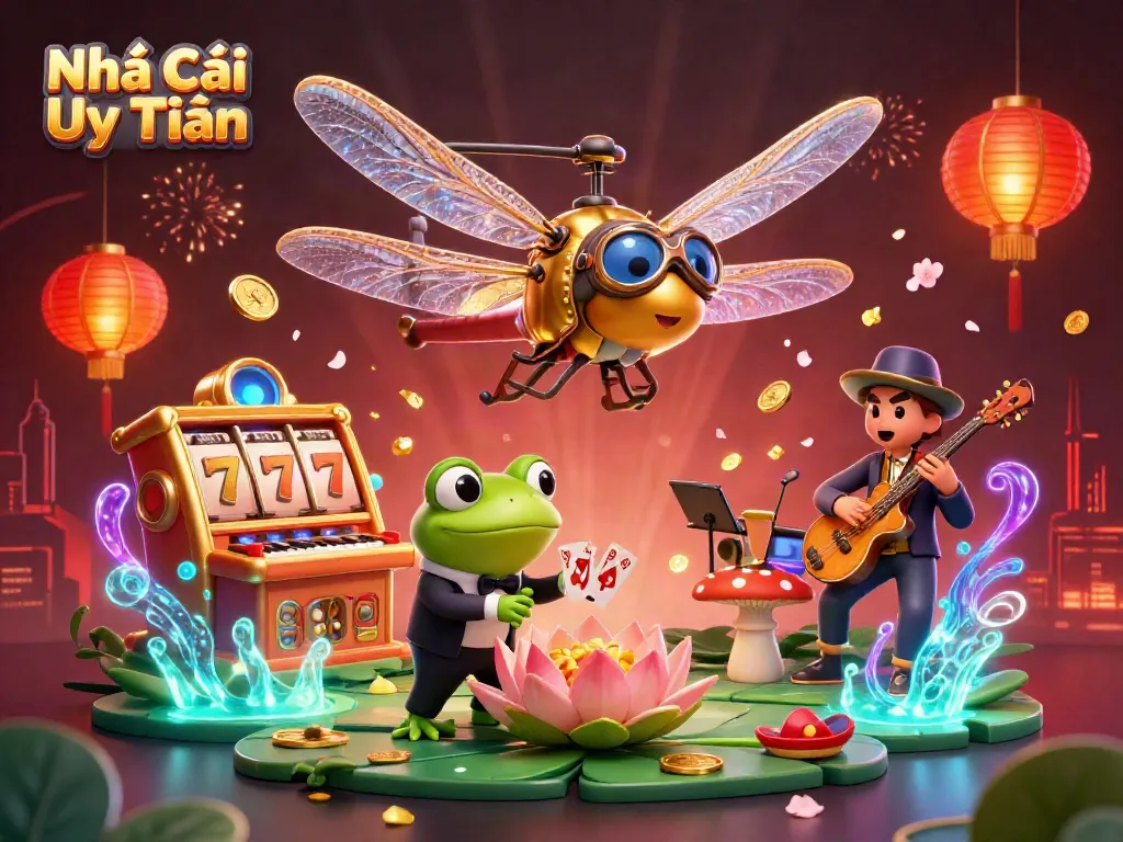 Engaging scene featuring Nhà Cái Uy Tín with a dragonfly helicopter pilot, frog croupier, and jazz-playing crickets around slot machines and lanterns.